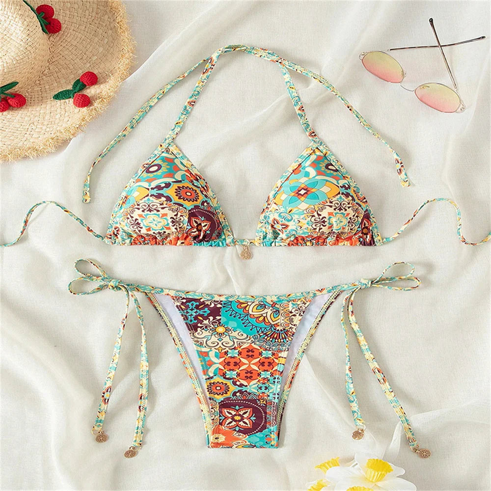 Bohemian Paisley Print String Bikini with Beaded Tie Details