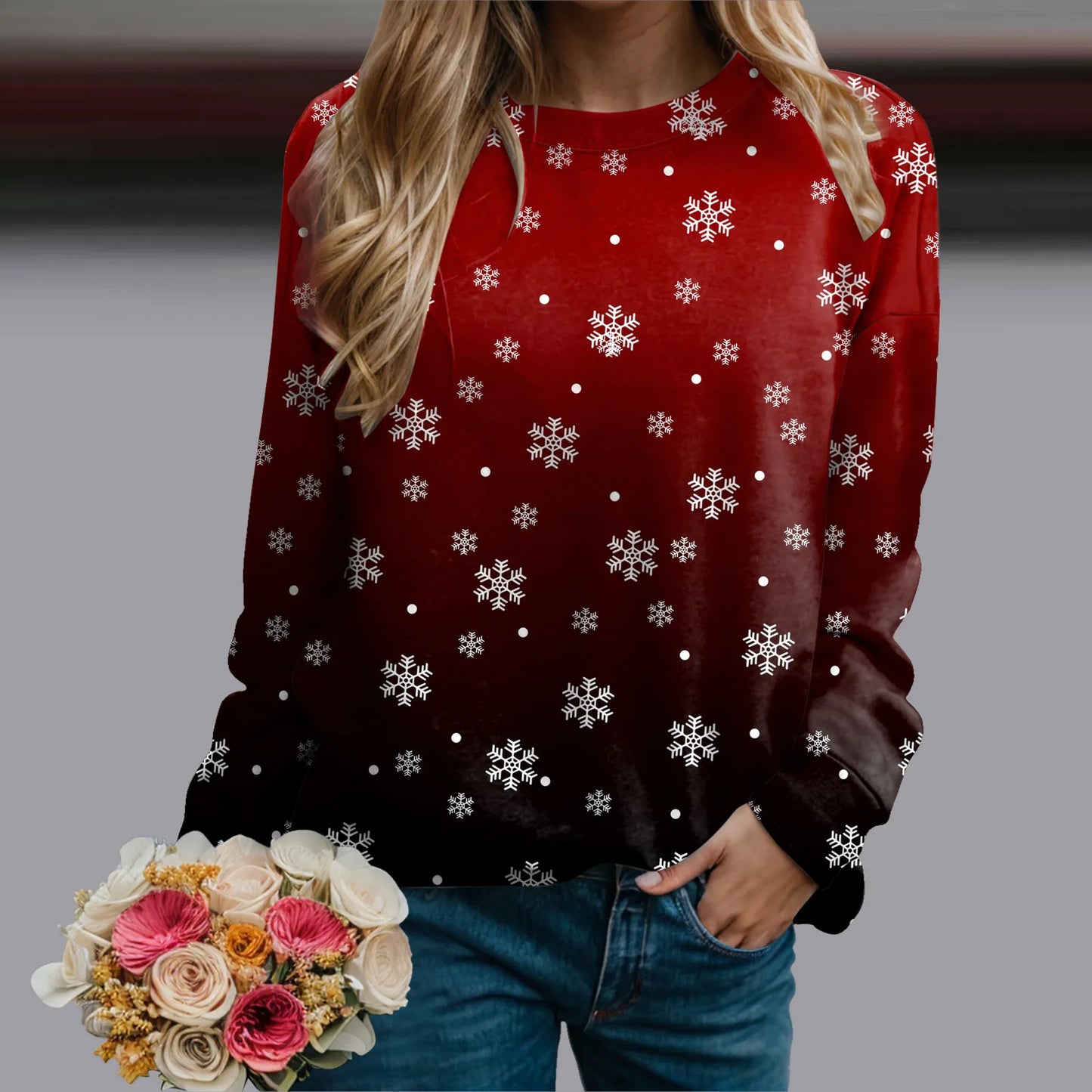 Women's Snowflake Pattern Crew Neck Sweatshirt for Cozy Seasonal Casual Everyday Style