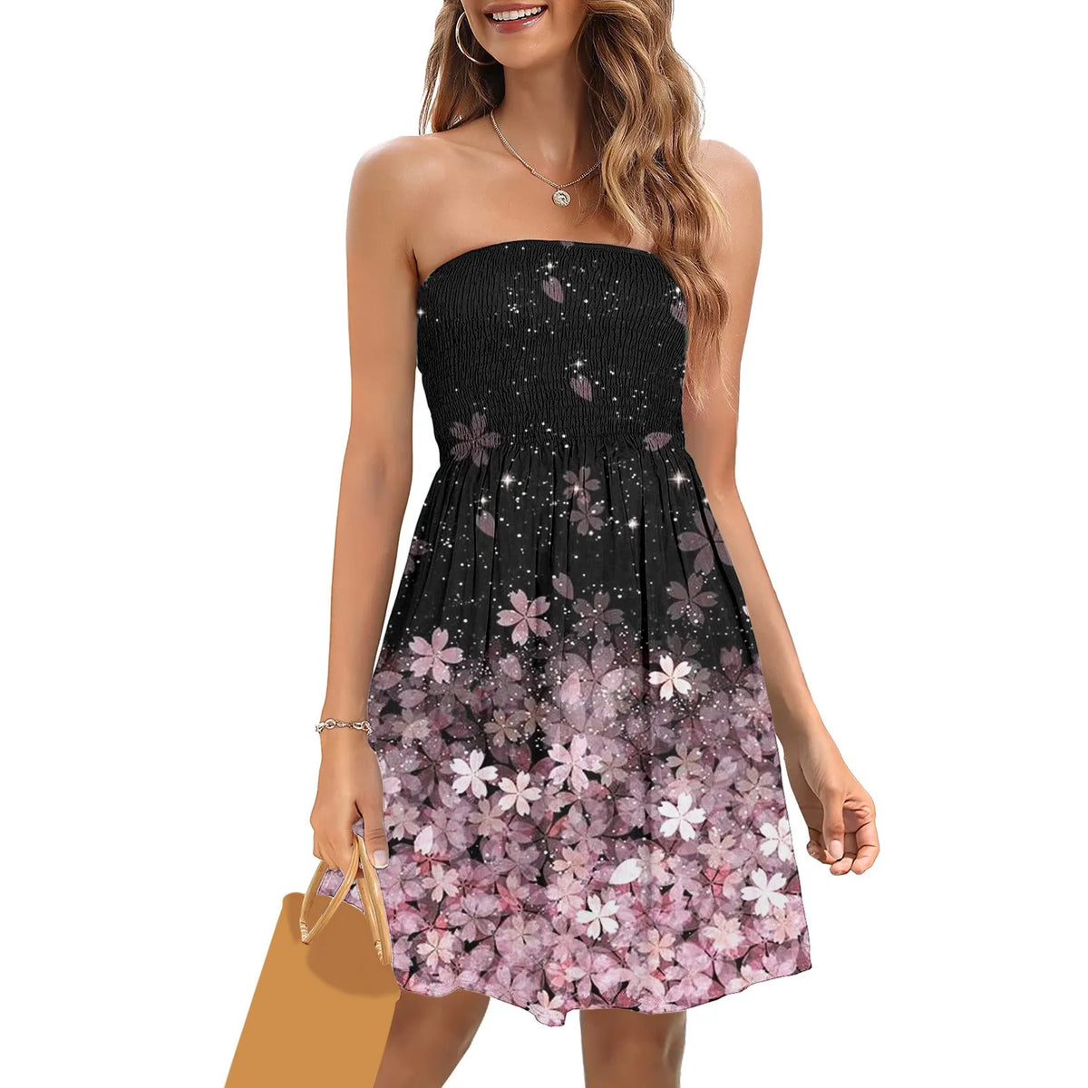 Strapless Smocked Bandeau Dress with Metallic-Toned Botanical Print