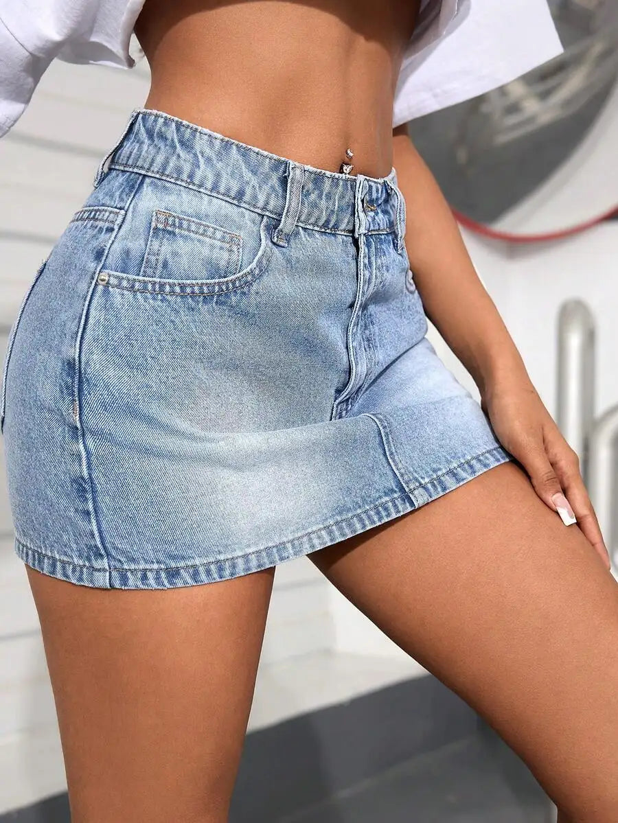 High Rise Acid Wash Denim Mini Skirt with Streamlined Y2K Silhouette
