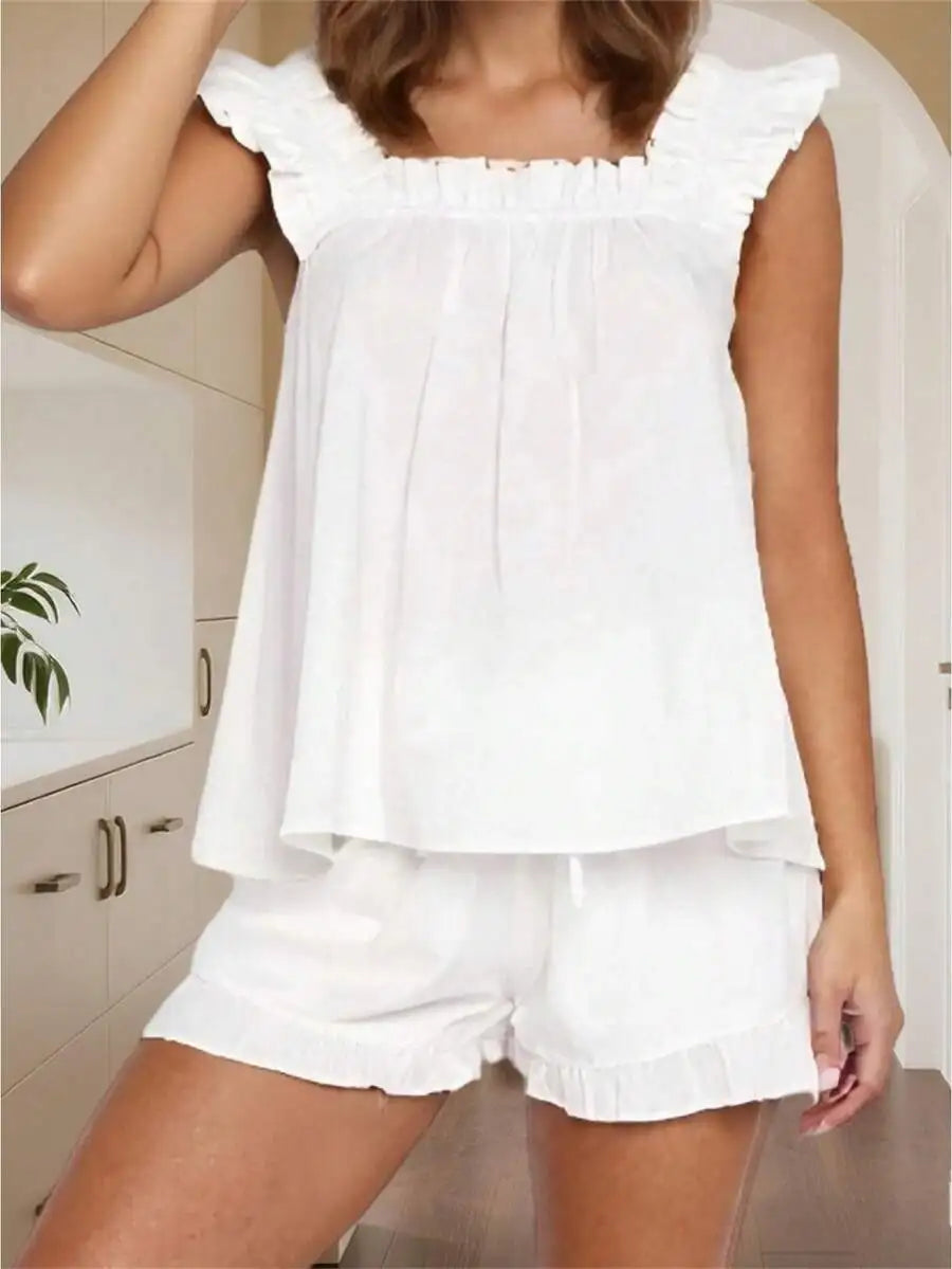 Ruffle Sleeve Tank Top and Shorts Summer Lounge Co-Ord Set for Women