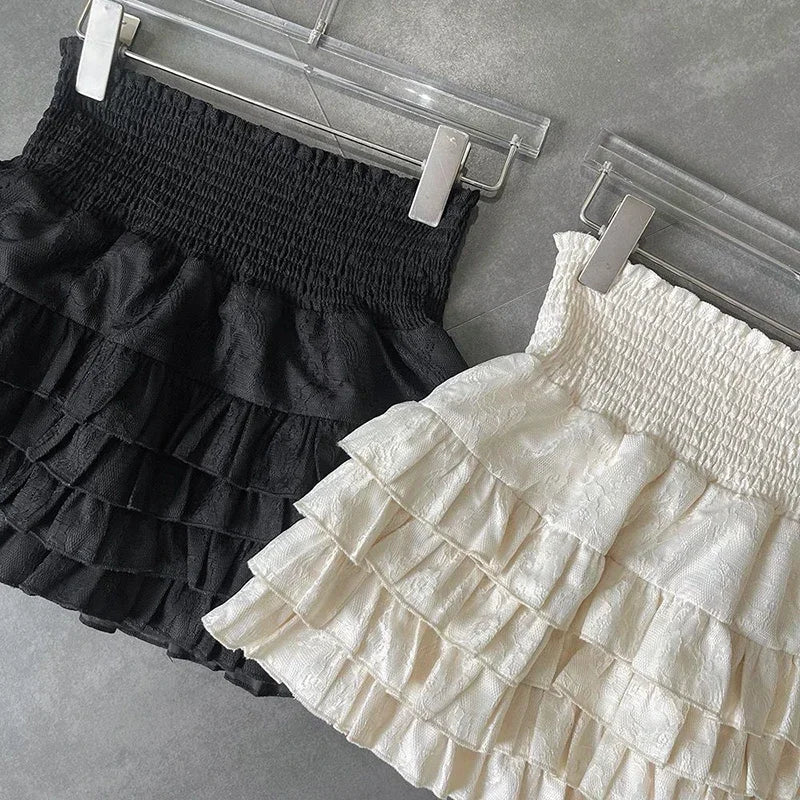 Layered Ruffle Pleated Mini Skirt with High Waist A-Line Silhouette