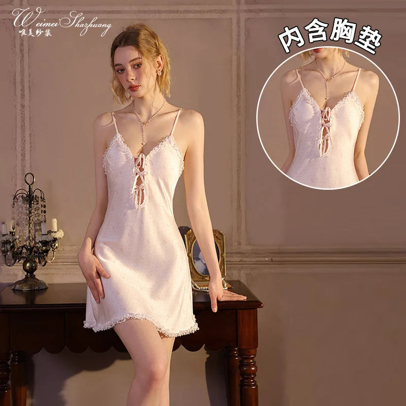 Champagne Satin-Finish Slip Dress with Plunging Lace-Up Neckline and Ruffled Trim