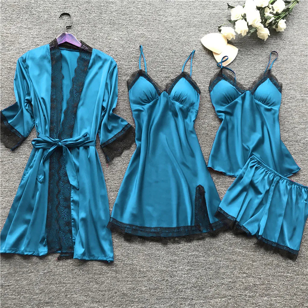 Women's Satin-Look Lace Lingerie Nightgown Set with Matching Robe, Sleeveless Mini Dress and Decorative Garter-Style Detail