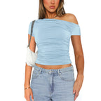 Women's Off Shoulder Ruched Crop Top for Minimalist Casual Streetwear Everyday Fashion Style