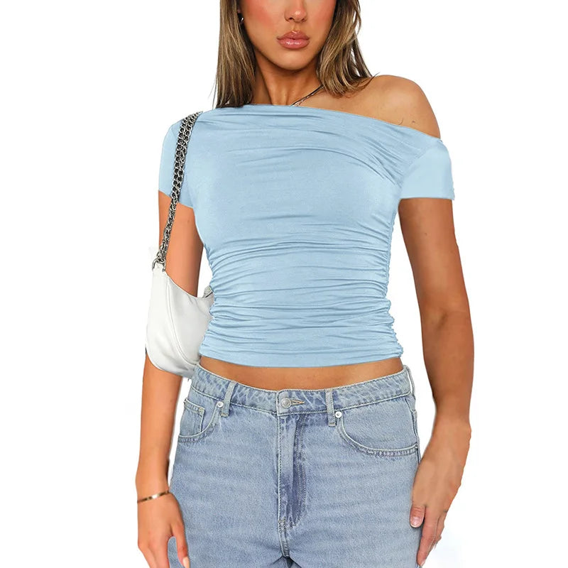 Women's Off Shoulder Ruched Crop Top for Minimalist Casual Streetwear Everyday Fashion Style