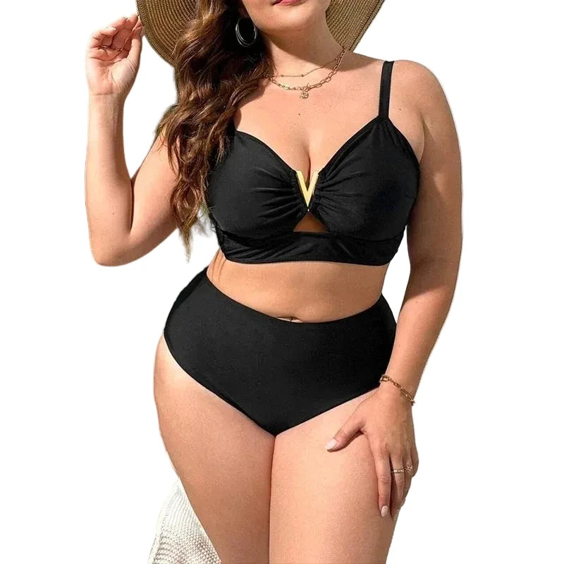 Plus-Size Solid Black High-Waisted Bikini with V-Notch Hardware