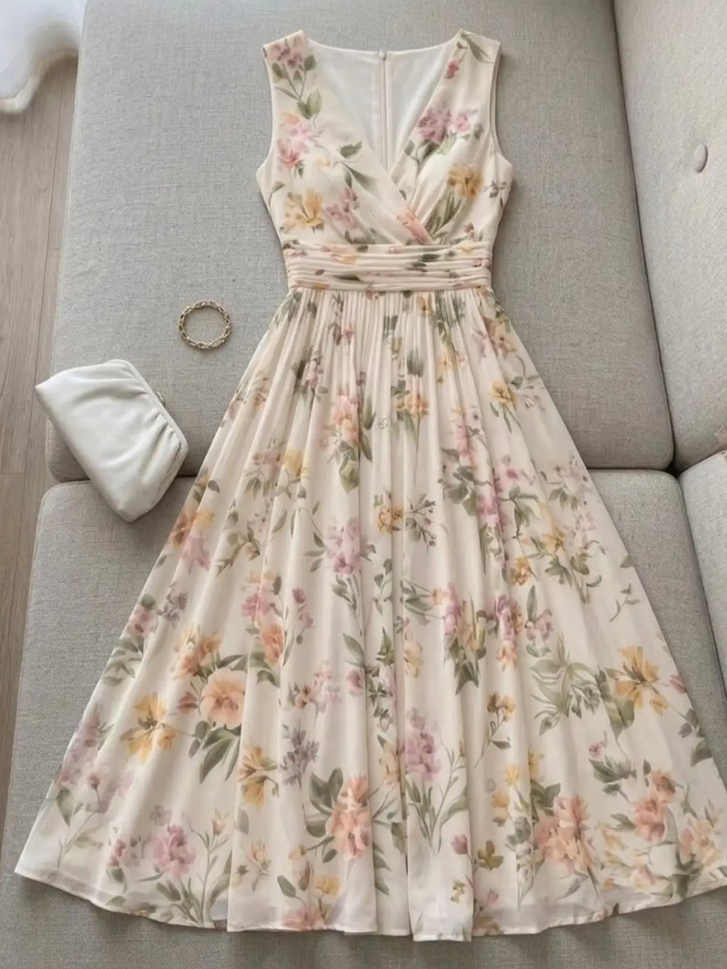 Romantic Pastel Floral Wrap-Style Midi Dress with Pleated A-Line Skirt