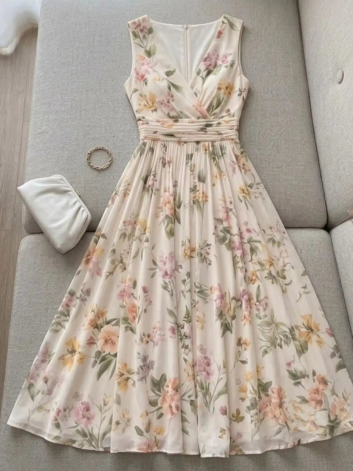 Romantic Pastel Floral Wrap-Style Midi Dress with Pleated A-Line Skirt