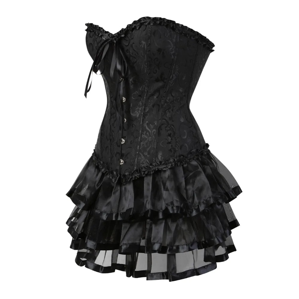 Ruffle Hem Overbust Corset Dress with Lace-Up Front and Layered Skirt