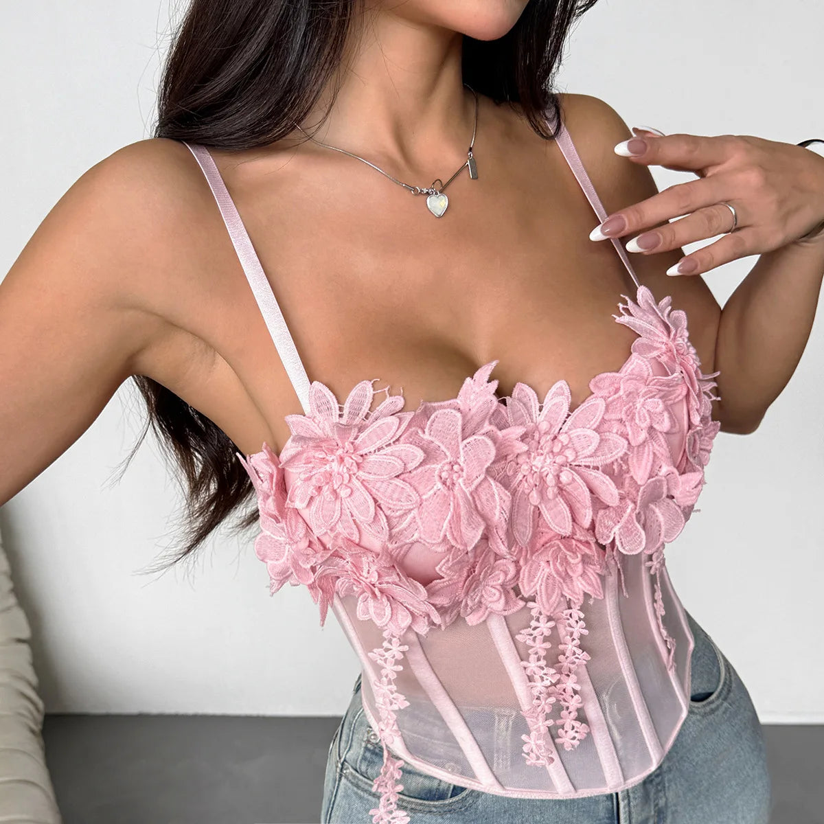 Romantic Light Pink Sheer Mesh Bustier with 3D Floral Appliques and Slender Straps