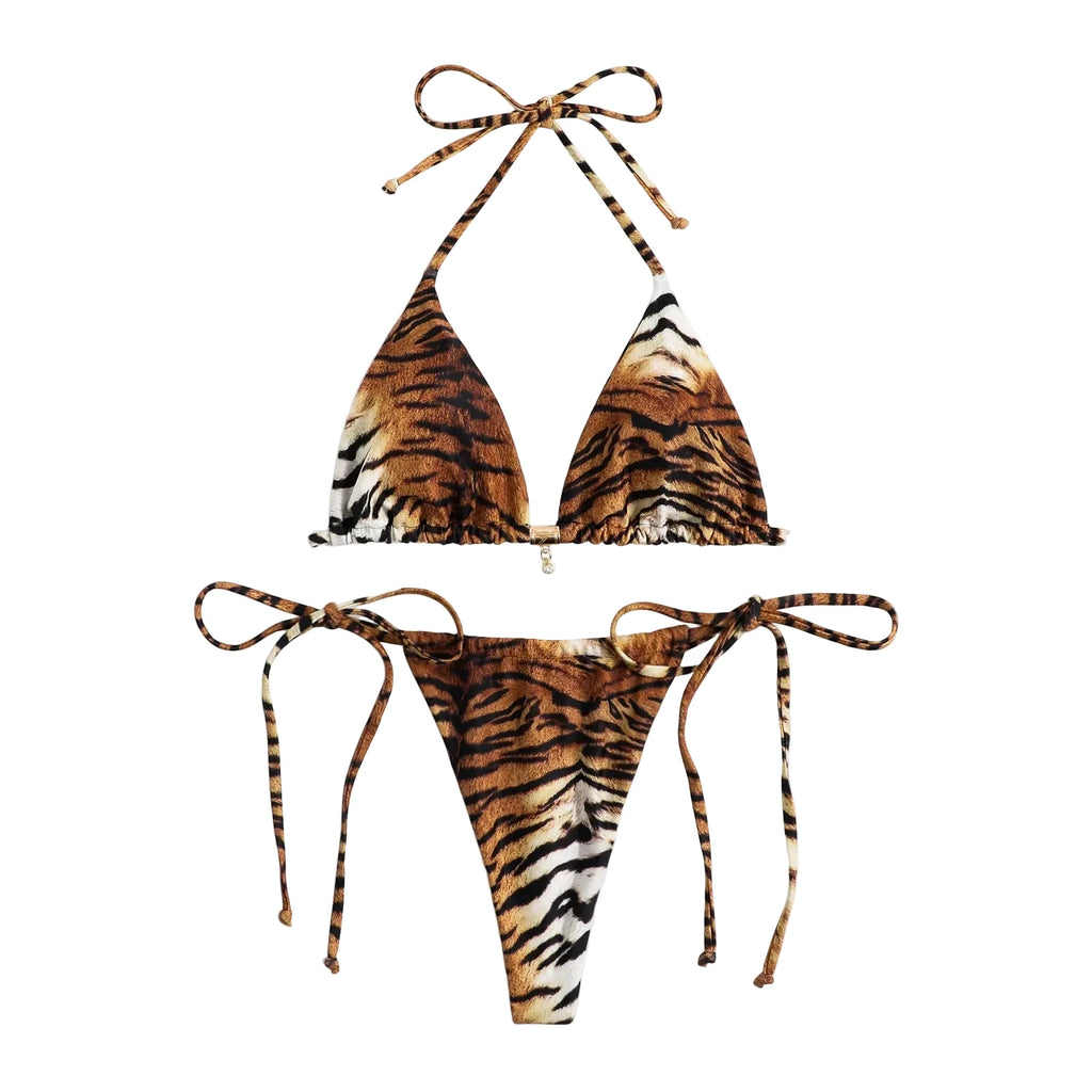 Fierce Tiger Print Triangle String Bikini with Adjustable Ties