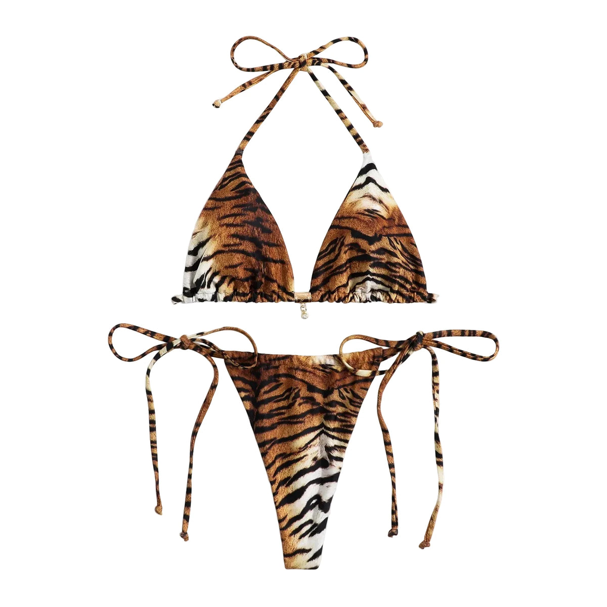 Fierce Tiger Print Triangle String Bikini with Adjustable Ties