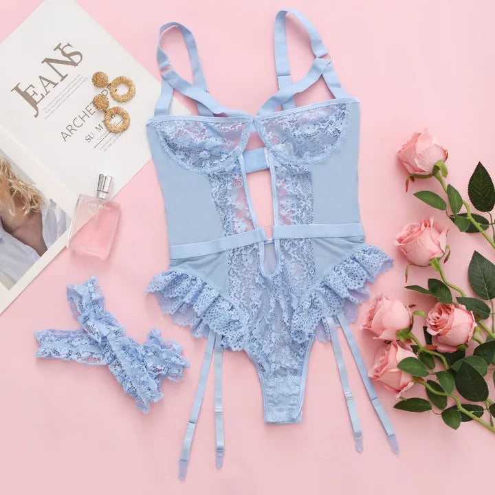 Pink Floral Lace Strappy Bodysuit with Ruffled Accents and Open Design