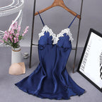 Elegant White Satin-Finish Slip Dress with Lace Appliqué and Removable Pads