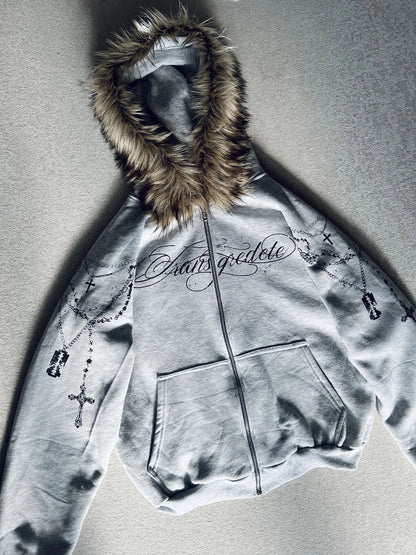 Cropped Anime Goth Zip Hoodie With Distressed Streetwear Aesthetic