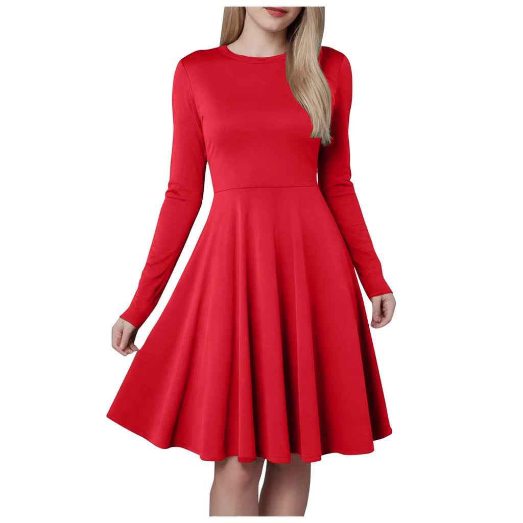 Elegant Solid Color Long-Sleeve A-Line Dress with High Waistline