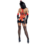 Black and Red Nurse-Inspired Costume Dress with Belted Waist, Contrast Trim and Coordinated Hosiery Styling