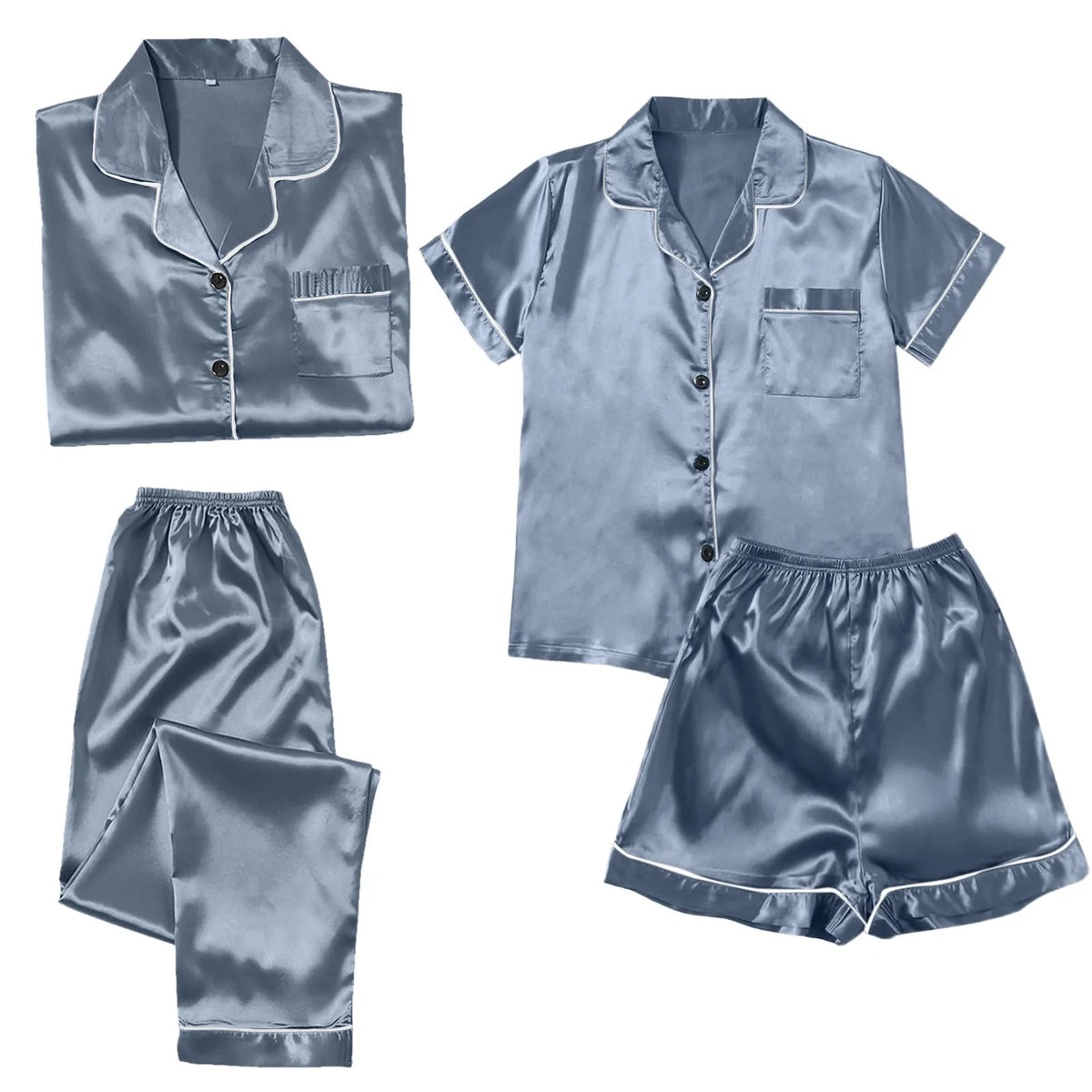 Women's 4-Piece Satin-Look Pajama Set, Soft Coordinated Sleepwear Collection with Matching Tops and Full-Length Pants, Plus-Size Loungewear