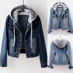 Hooded Denim Style Cropped Jacket with Vintage Streetwear Inspired Design