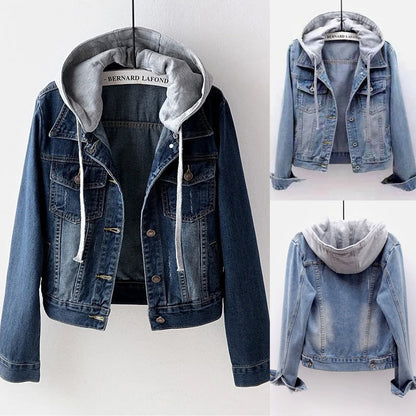 Hooded Denim Style Cropped Jacket with Vintage Streetwear Inspired Design