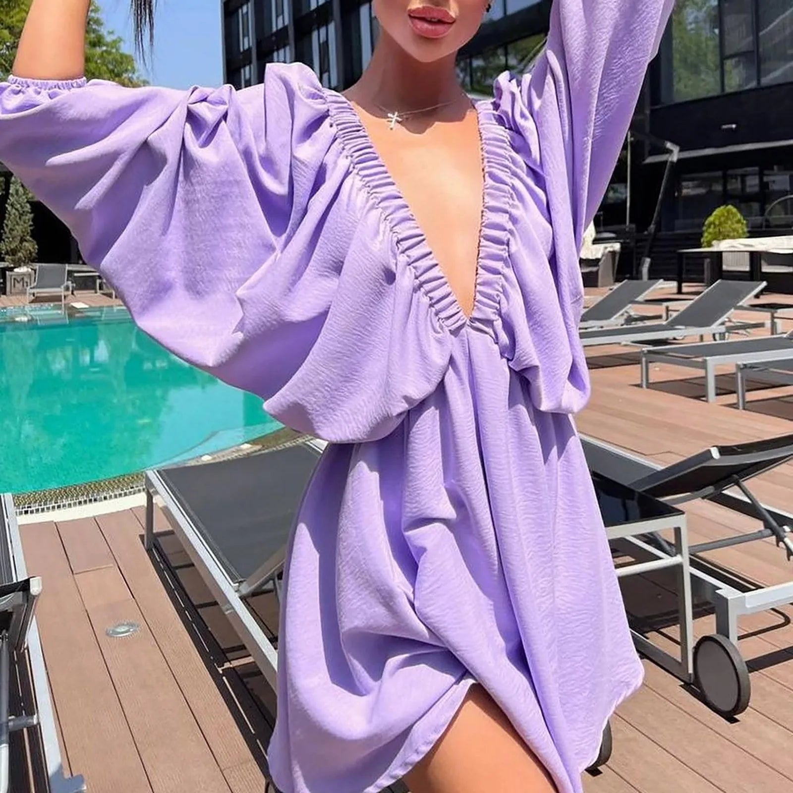 Deep V Neck Pleated Maxi Dress with Flowing Long Sleeves