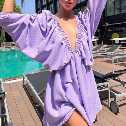 Deep V Neck Pleated Maxi Dress with Flowing Long Sleeves