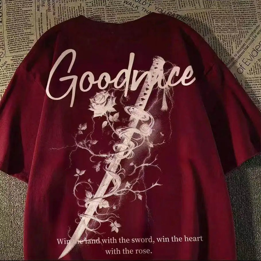 Oversized Floral Sword Graphic Cotton T-Shirt with High Street Fashion Styling