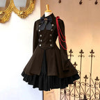 Medieval-Inspired Green and Black Flared Coat Dress with Decorative Bow and Brass-Tone Buttons