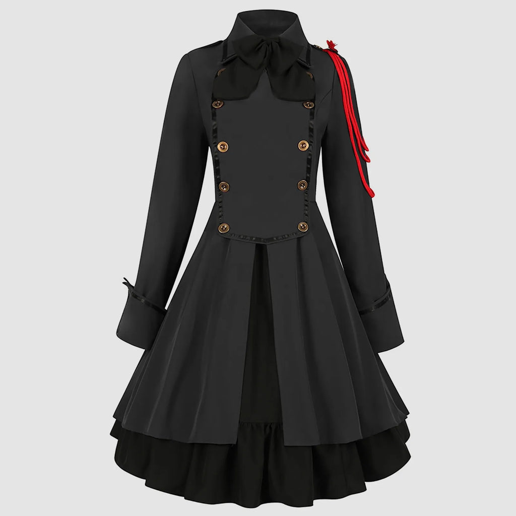Vintage-Inspired Blue Victorian Coat Dress with Red Shoulder Cording and Bow Collar