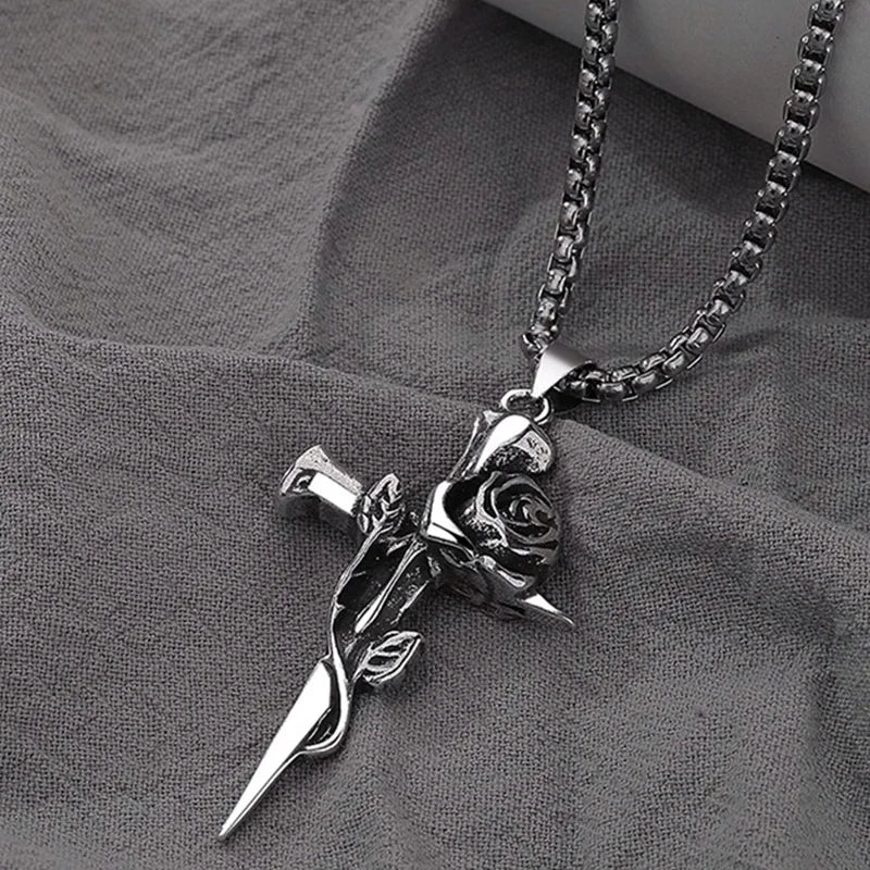 Vintage Rose Cross Pendant Necklace for Gothic Punk and Alternative Fashion