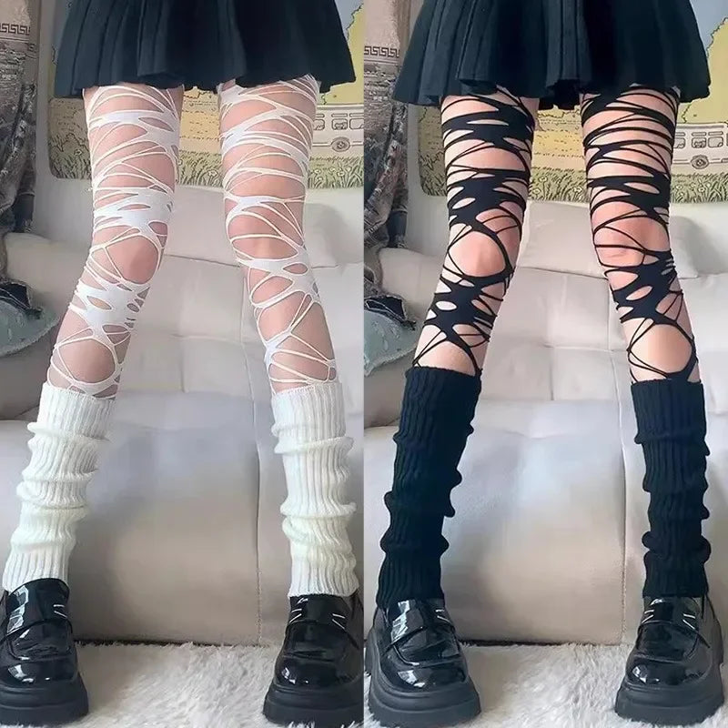 Distressed Over The Knee Fishnet Stockings Punk Y2K Alternative Hosiery