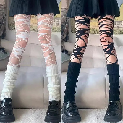 Distressed Over The Knee Fishnet Stockings Punk Y2K Alternative Hosiery