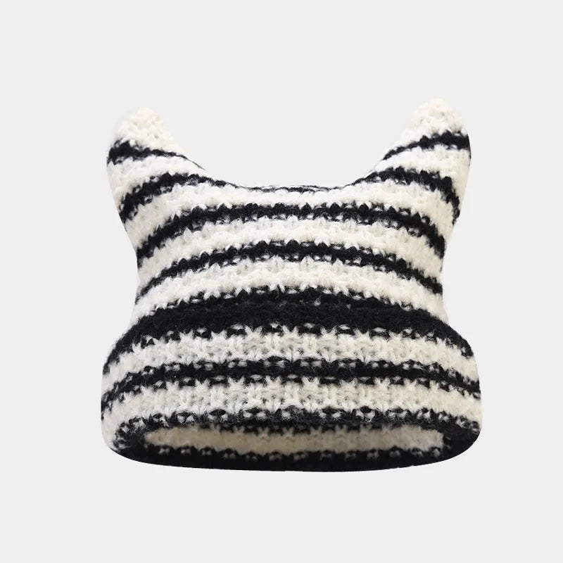 Striped Cat Ear Knit Beanie with Cotton Acrylic Blend for Playful Streetwear Fashion Style