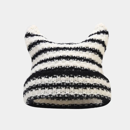 Striped Cat Ear Knit Beanie with Cotton Acrylic Blend for Playful Streetwear Fashion Style