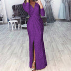 Textured Long Sleeve Maxi Dress With Sculpted Fit And Slit