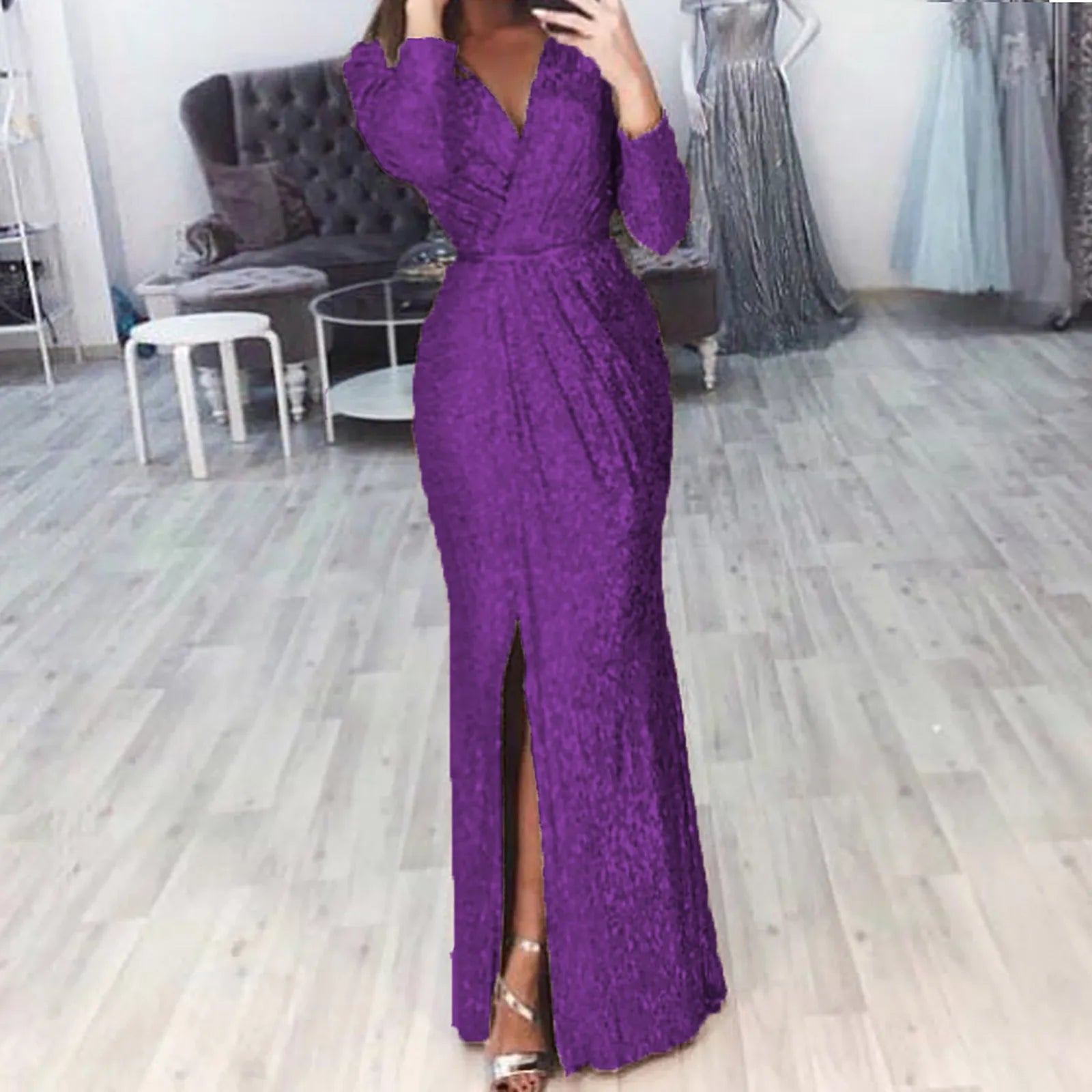 Textured Long Sleeve Maxi Dress With Sculpted Fit And Slit