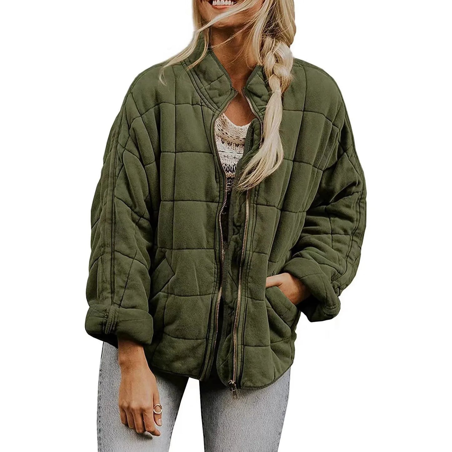 Women's Quilted Button Front Jacket with Relaxed Casual Layering Streetwear Silhouette