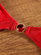 Crimson Red Triangle Bikini Set with Ruched Detailing and Gold-Tone Hardware