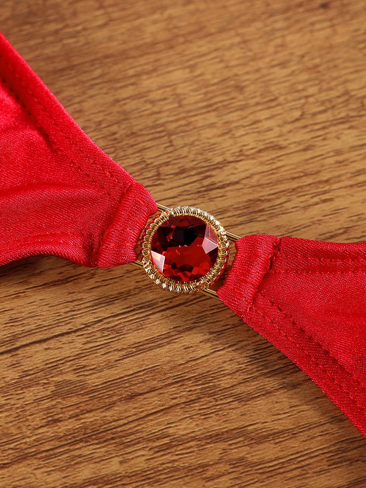 Crimson Red Triangle Bikini Set with Ruched Detailing and Gold-Tone Hardware