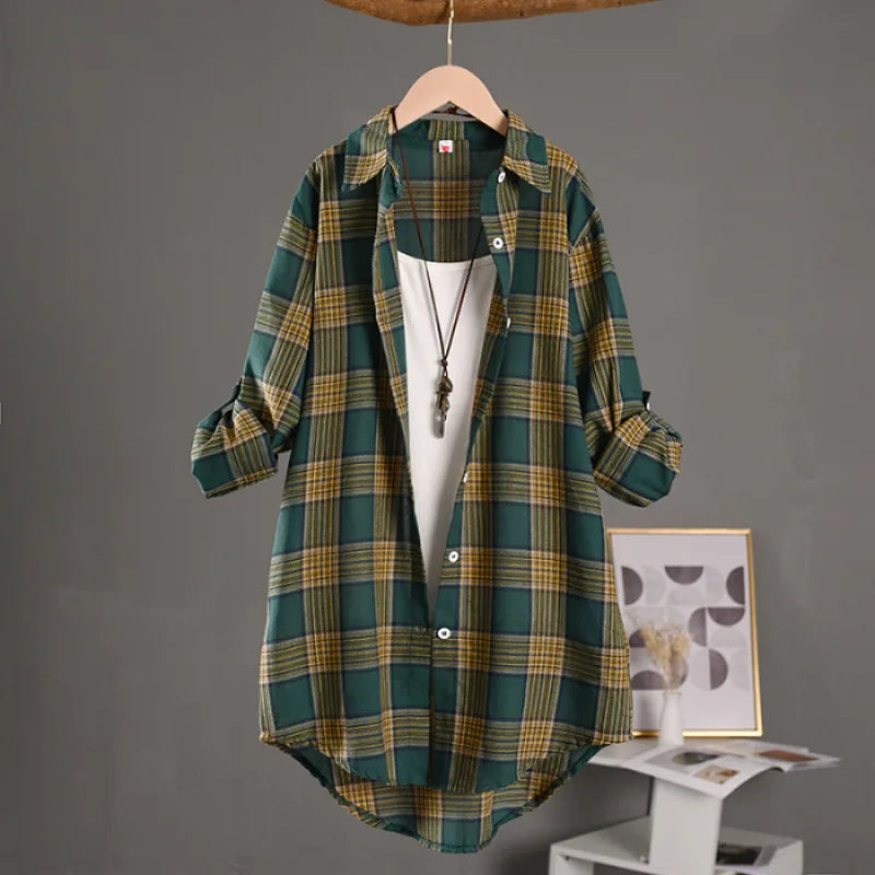 Vintage-Inspired Forest Green Plaid Mid-Length Outerwear Shirt with Rolled Sleeves