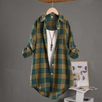 Vintage-Inspired Forest Green Plaid Mid-Length Outerwear Shirt with Rolled Sleeves