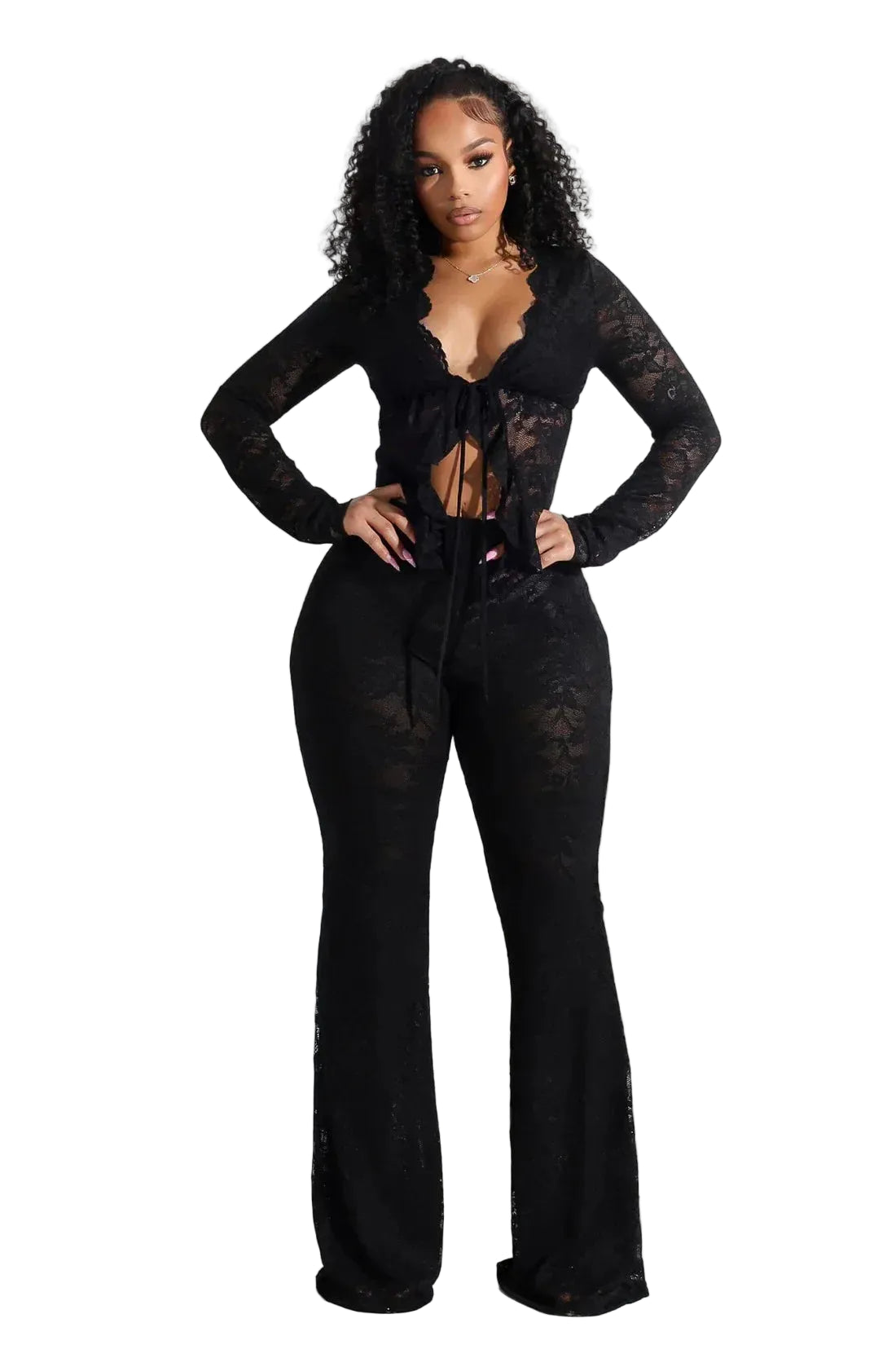 Women's Sheer Lace Shirt and Flare Pants Co-Ord Set