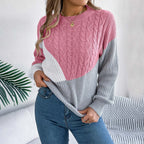 Women's Color Block Cable Knit Relaxed Fit Contemporary Sweater Pullover