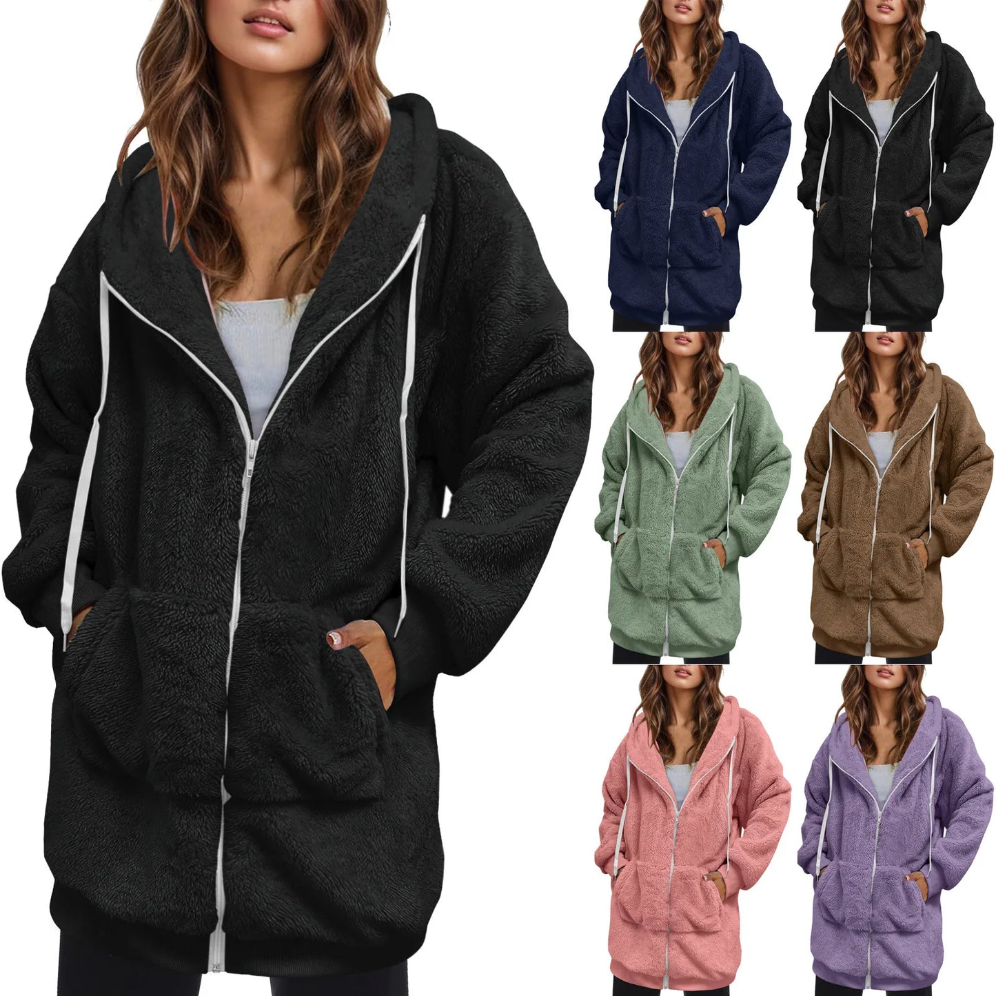 Women's Oversized Hooded Plush Fleece Zip Jacket for Cozy Streetwear Layering