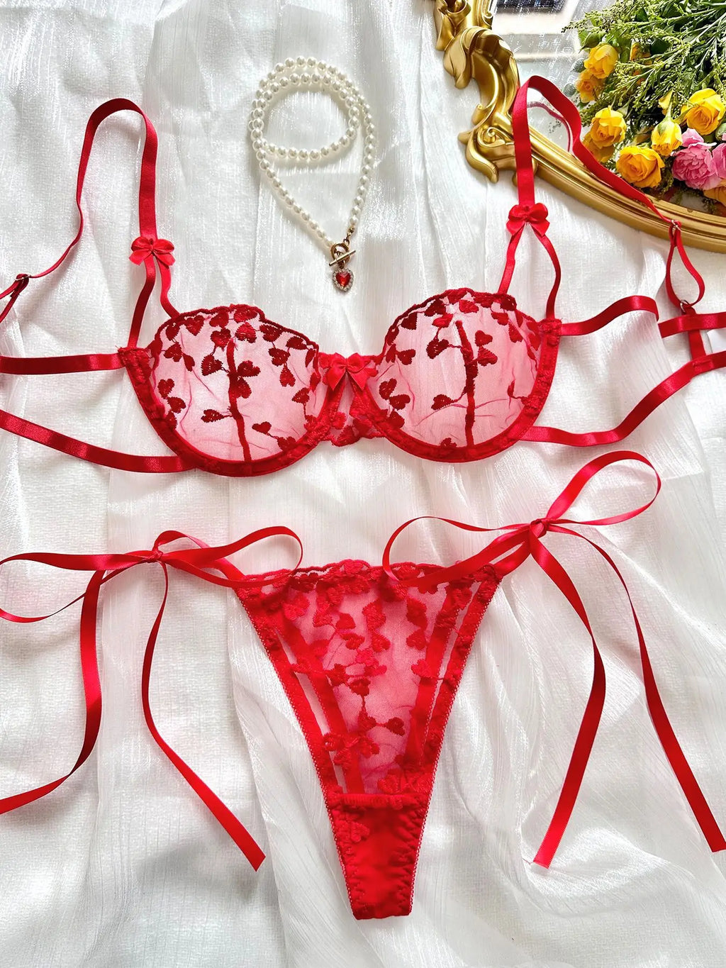 Ethereal Lavender Floral Embroidery Sheer Underwire Lingerie Set