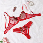Purple Floral Embroidered Lingerie Set with Detailed Underwire Bra and Matching Brief