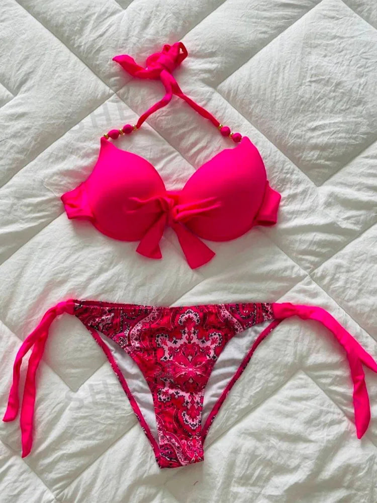Neon Green Underwire Halter Bikini with Printed Side-Tie Bottom