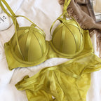 Chartreuse Strappy Cutout Underwire Bra and Sheer Mesh Panty Set