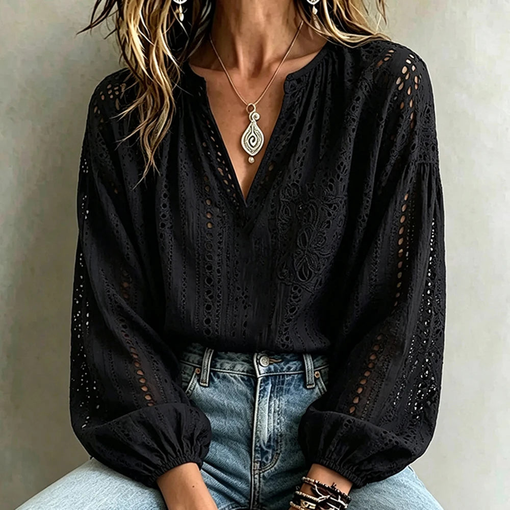Elegant Eyelet Embroidery V-Neck Blouse with Voluminous Balloon Sleeves